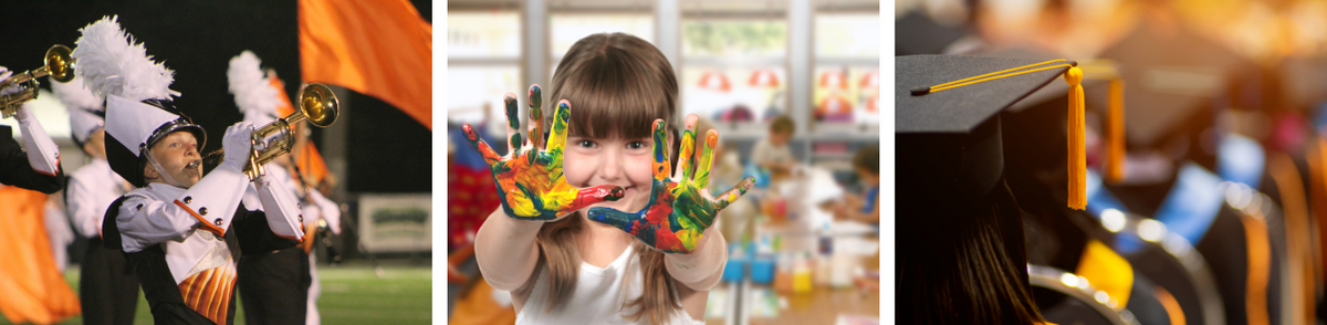 Band members, child with paint on her hands, graduates